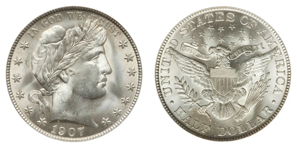 1907 Barber Half Dollar obverse and reverse showing Liberty's portrait and eagle design