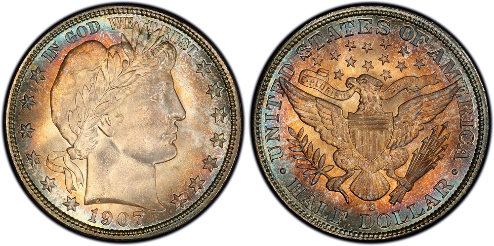 1907-S Barber Half Dollar comparison: worn common example left versus high-grade Mint State example right