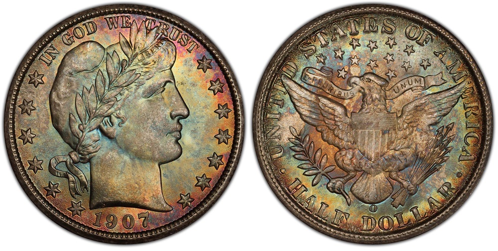 1907-O Barber Half Dollar showing characteristic weak strike flatness in shield lines and Liberty's hair detail