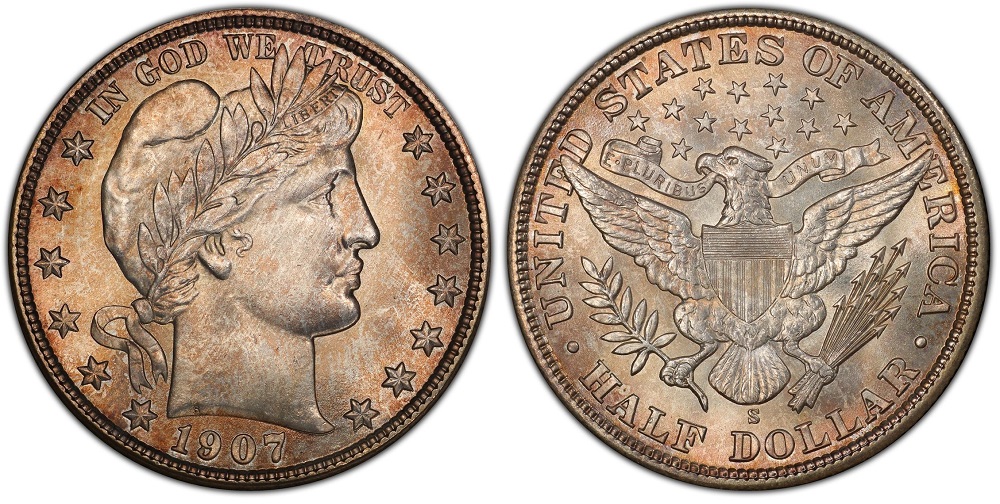 1907-S/S Repunched Mint Mark close-up showing doubled S impression on the Barber Half Dollar reverse