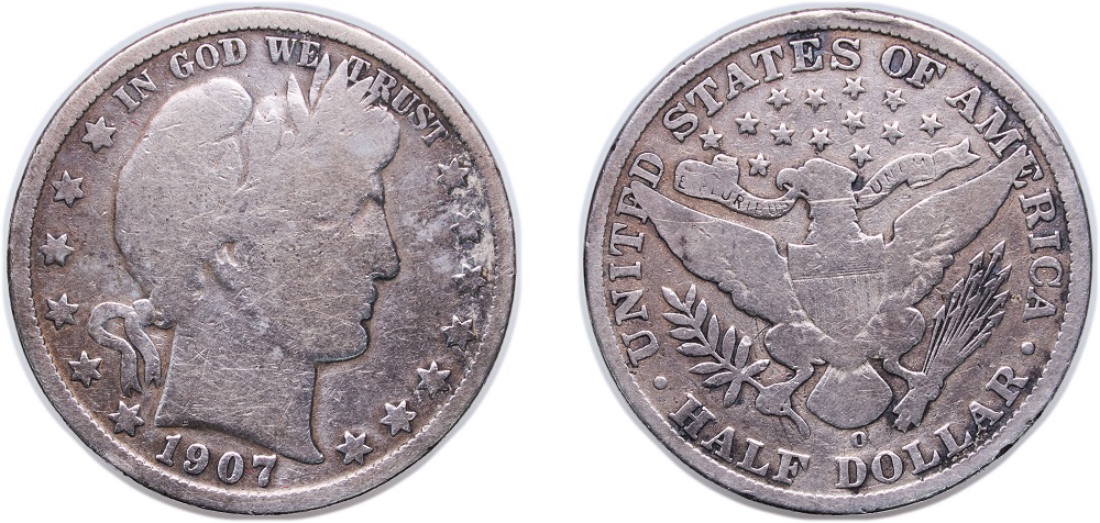 1907 Barber Half Dollar grading strip showing Good, Fine, Extremely Fine, and Mint State condition examples side by side